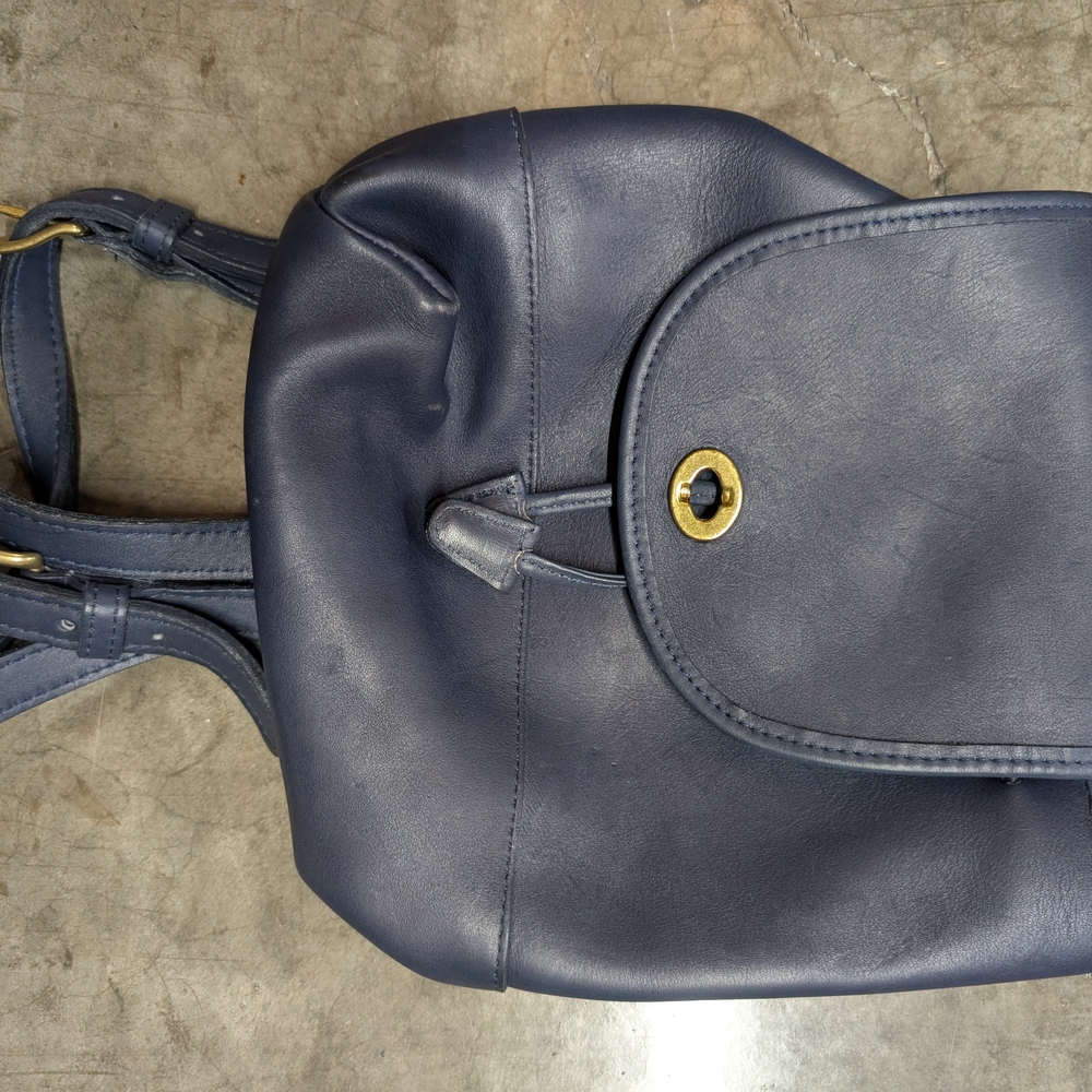 Coach Blue Leather Backpack with Gold Accents